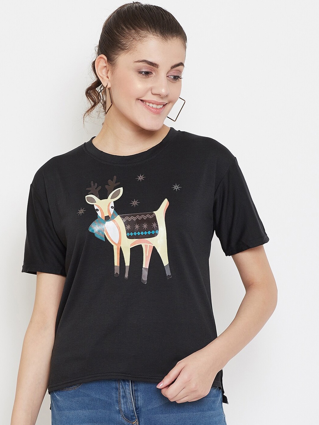 

Camey Women Black Printed Round Neck T-shirt