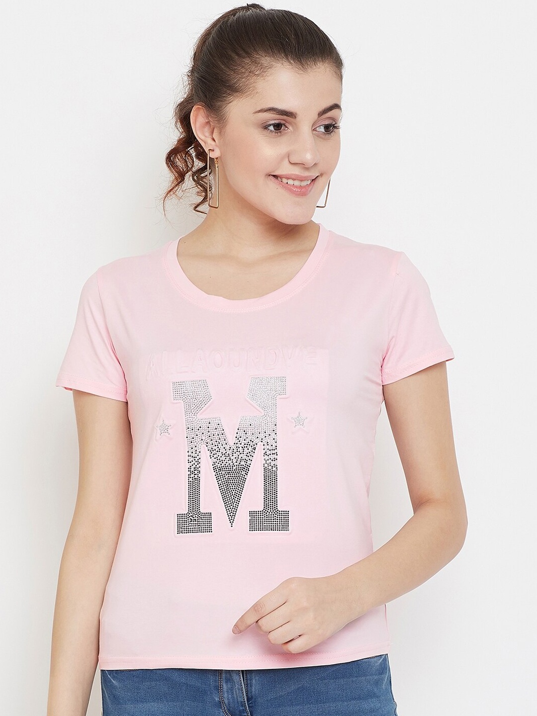 

Camey Women Pink & Grey Printed Round Neck T-shirt