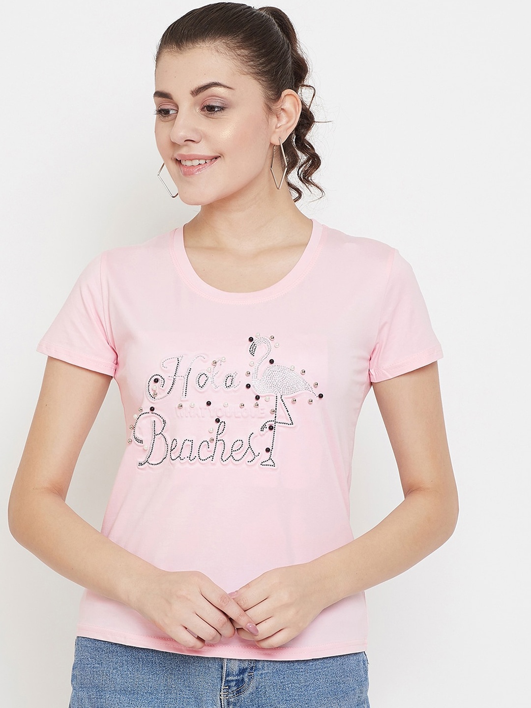 

Camey Women Pink Printed Round Neck T-shirt