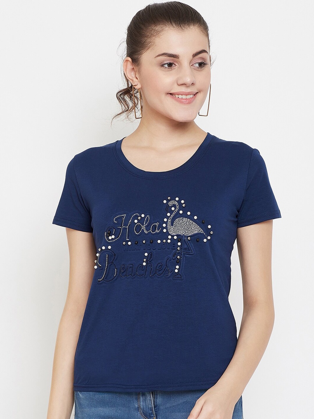 

Camey Women Blue Printed Round Neck T-shirt