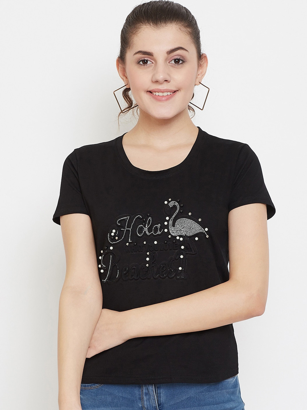 

Camey Women Black & White Embellished Round Neck T-shirt