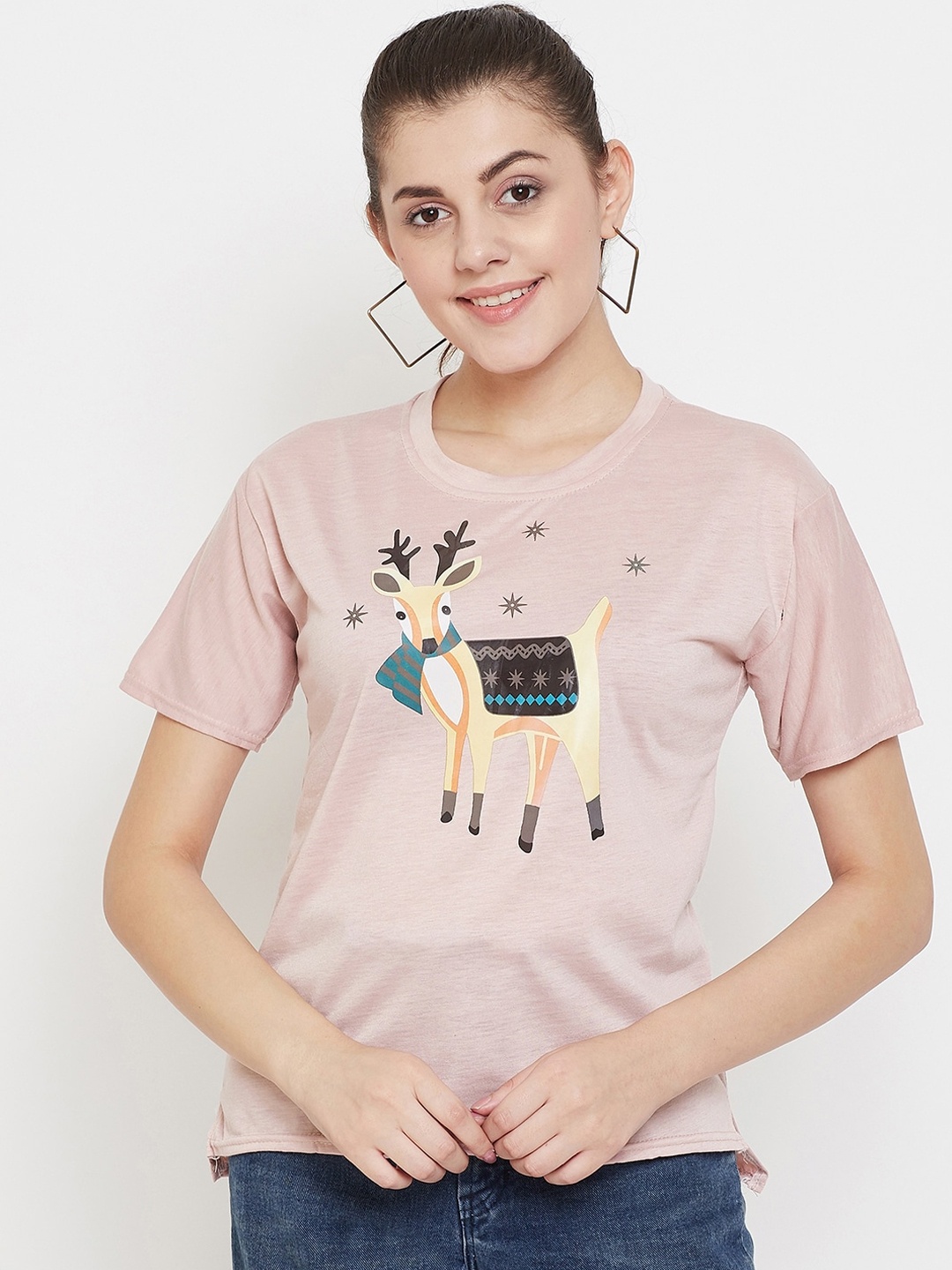 

Camey Women Peach-Coloured Printed Round Neck T-shirt