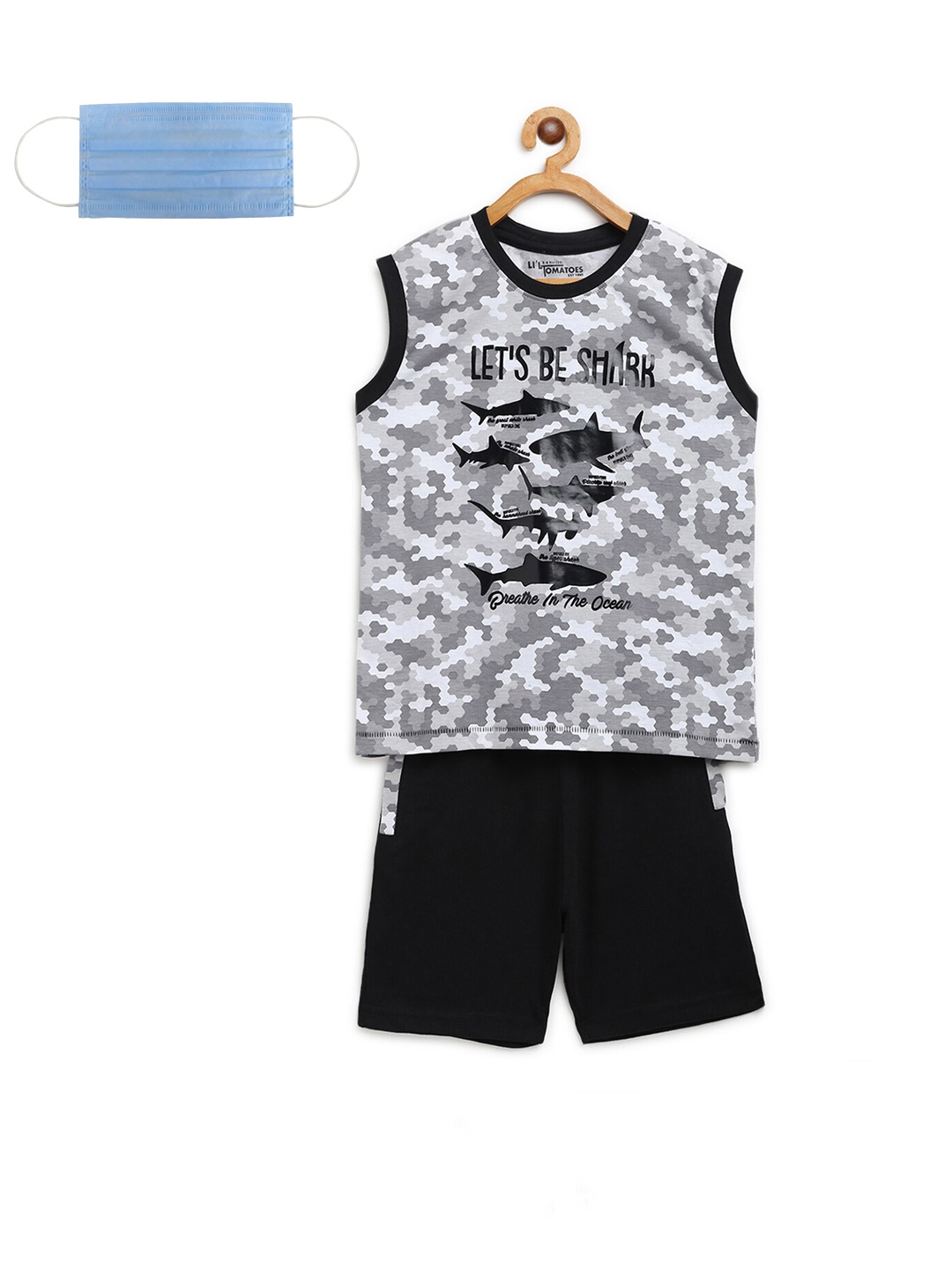 

Lil Tomatoes Boys Grey & Black Printed Night suit & Face Mask