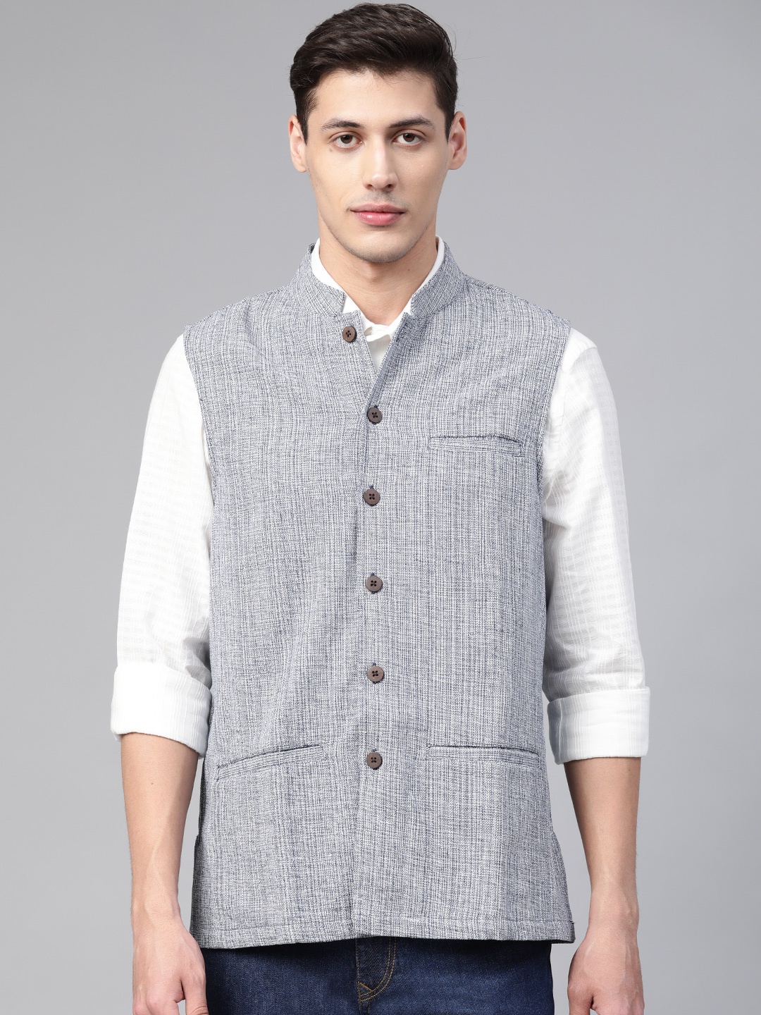 

Fabindia Men Blue & White Comfort Fit Woven-Design Pure Cotton Nehru Jacket