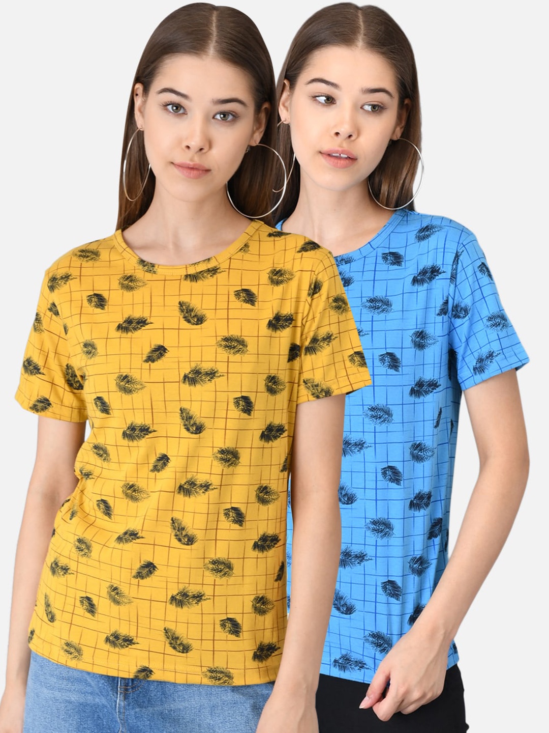 

Kotty Women Pack of 2 Yellow & Blue Printed Round Neck T-shirts