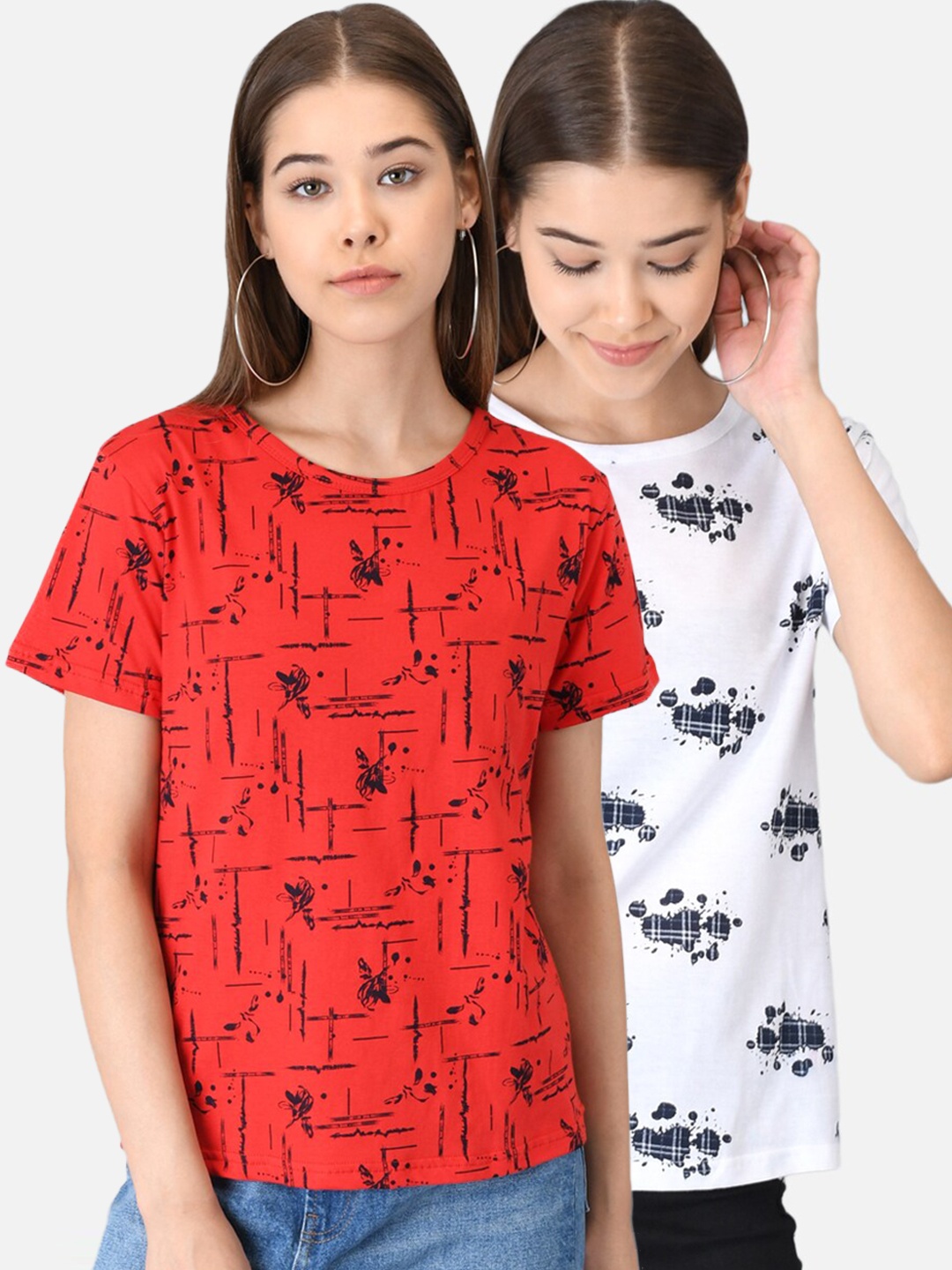 

Kotty Women Pack Of 2 Printed Round Neck T-shirts, Coral