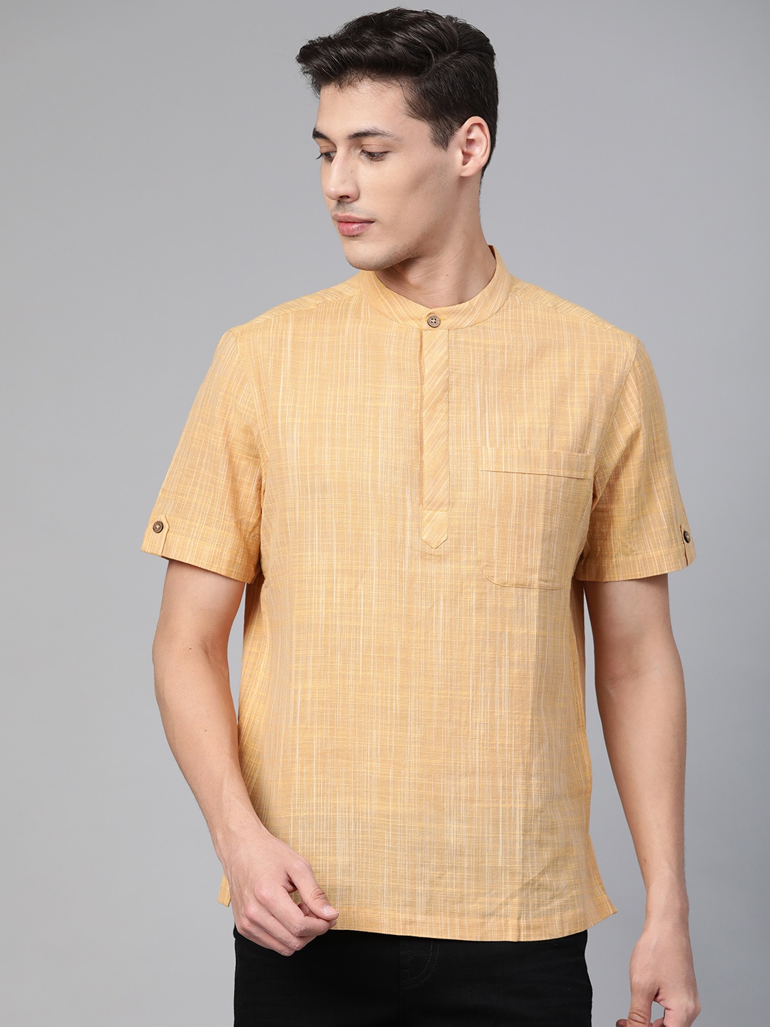

Fabindia Men Yellow Self-Checked Straight Kurta