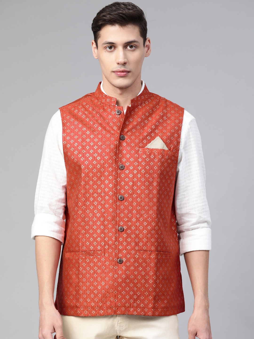 

Fabindia Men Rust Orange & Golden Comfort Fit Hand Block Print Nehru Jacket