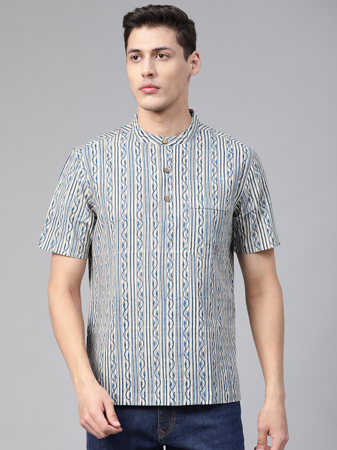 

Fabindia Men Blue & Grey Ethnic Hand Block Print Straight Kurta