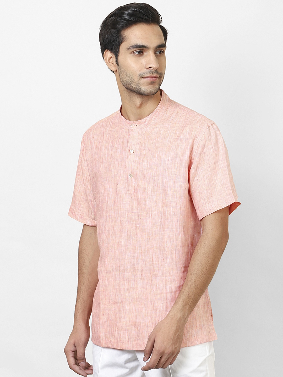 

Fabindia Men Peach-Coloured Solid Linen Straight Kurta
