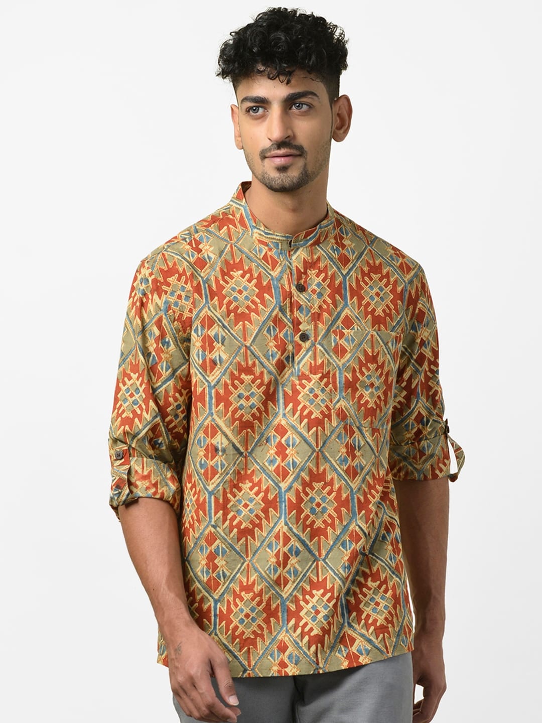 

Fabindia Men Green & Rust Orange Kalamkari Handblock Printed Straight Kurta