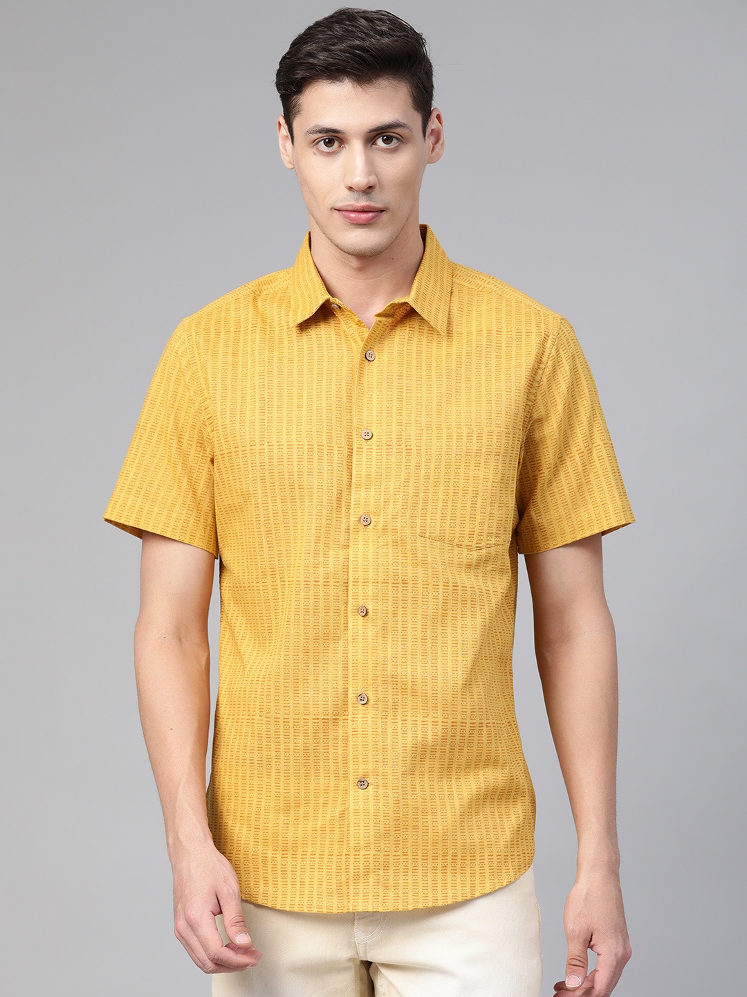 

Fabindia Men Mustard Yellow & Brown Slim Fit Tribal Print Casual Shirt