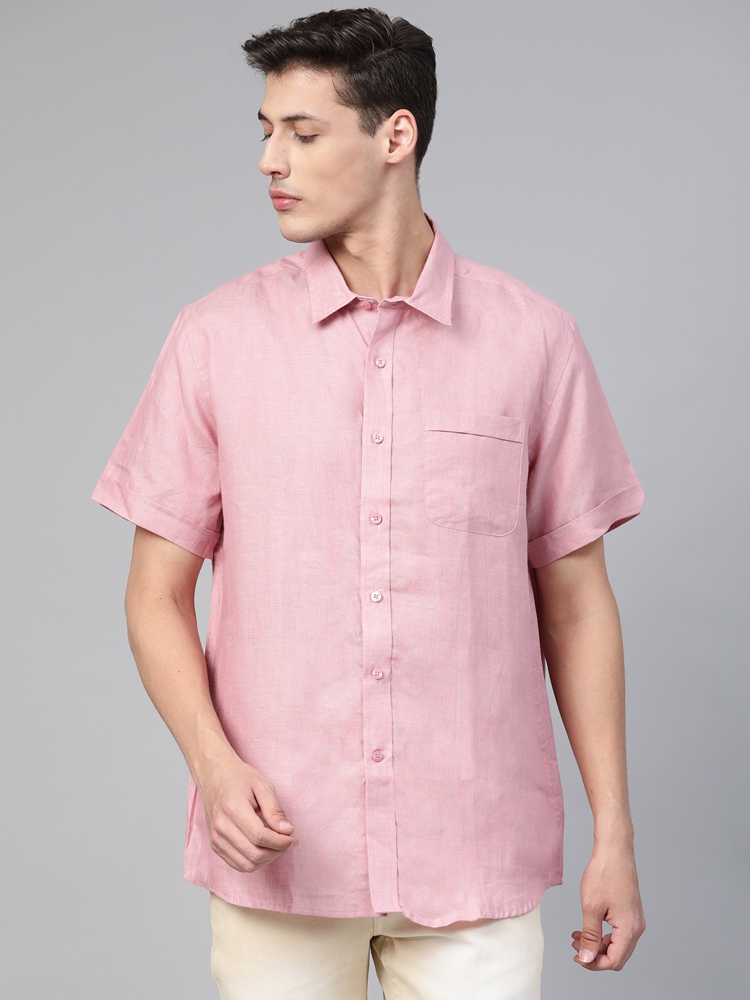 

Fabindia Men Pink Comfort Regular Fit Solid Pure Linen Casual Shirt