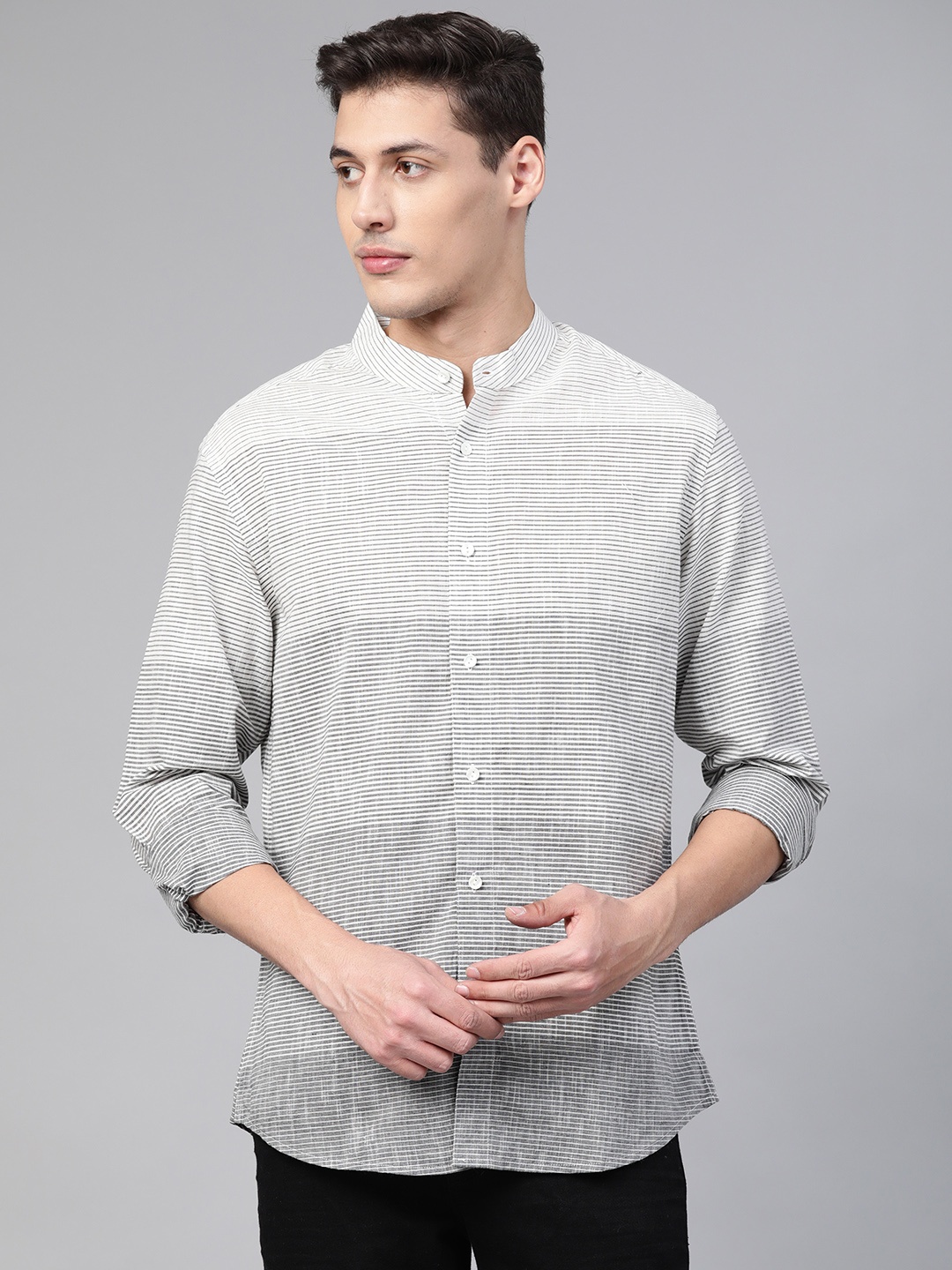 

Fabindia Men Off-White & Black Slim Fit Striped Casual Shirt