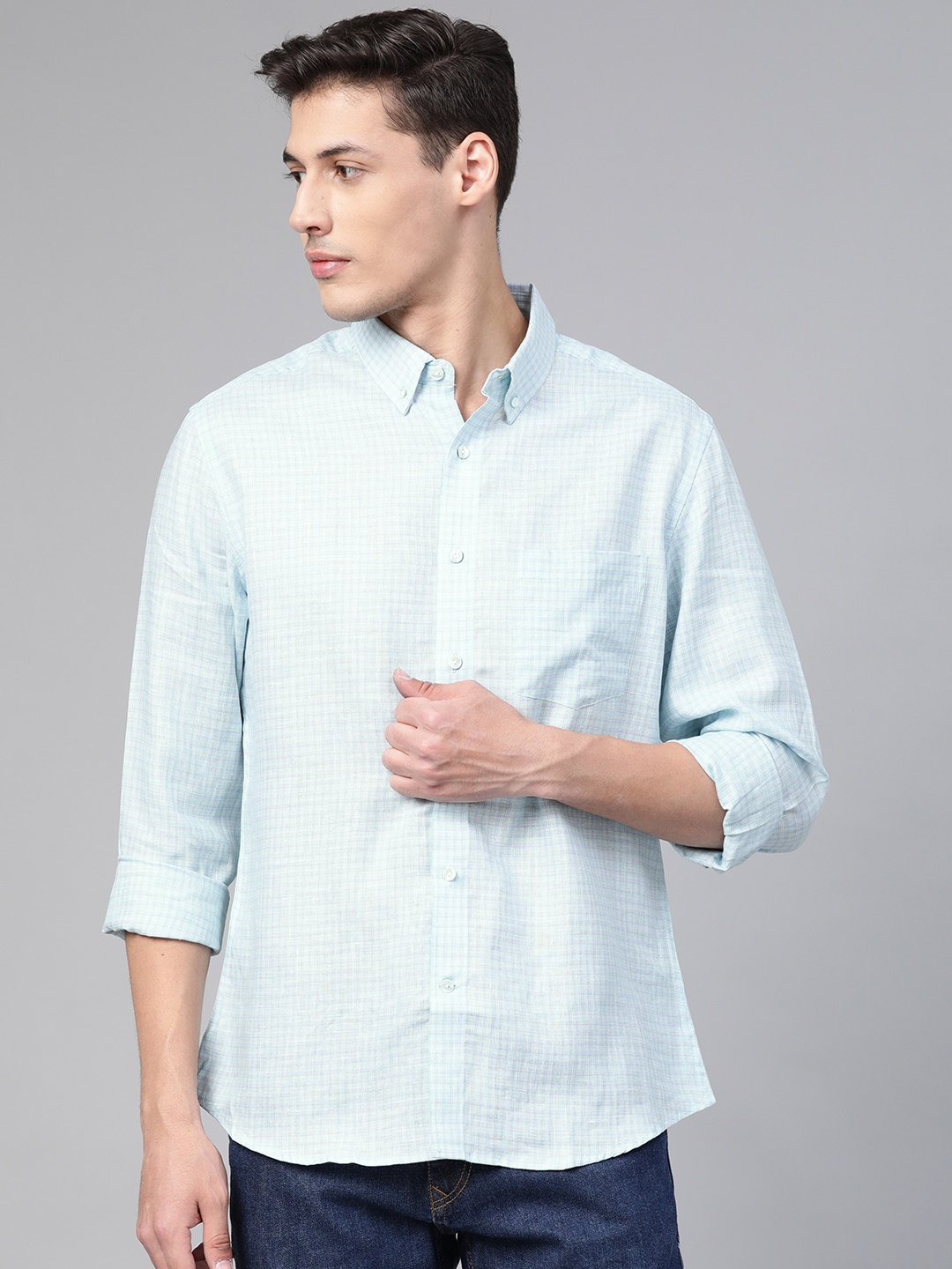 

Fabindia Men Blue Slim Fit Checked Pure Linen Casual Shirt
