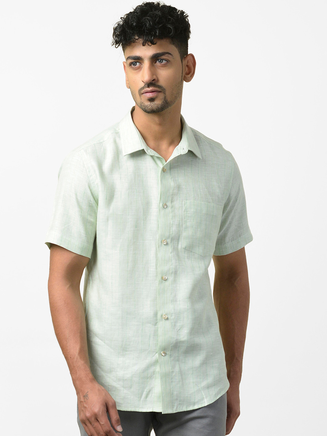

Fabindia Men Sea Green Slim Fit Checked Linen Casual Shirt