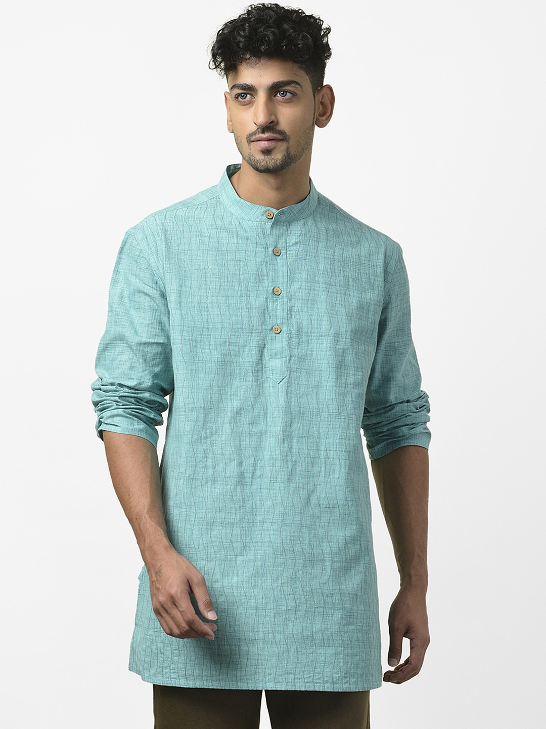 

Fabindia Men Sea Green Thread-Work Detail Straight Kurta