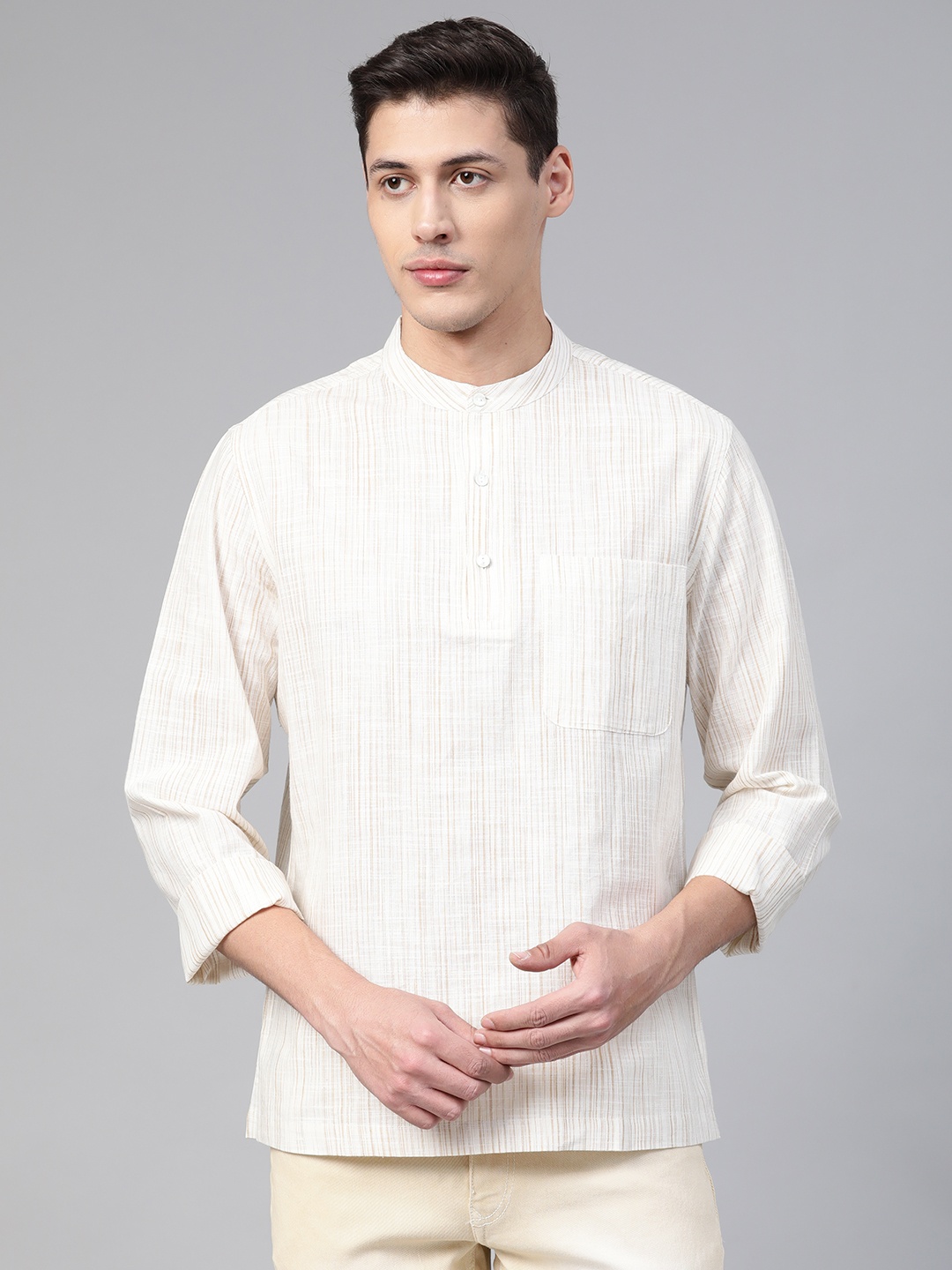 

Fabindia Men Off-White & Beige Self-Striped Straight Kurta