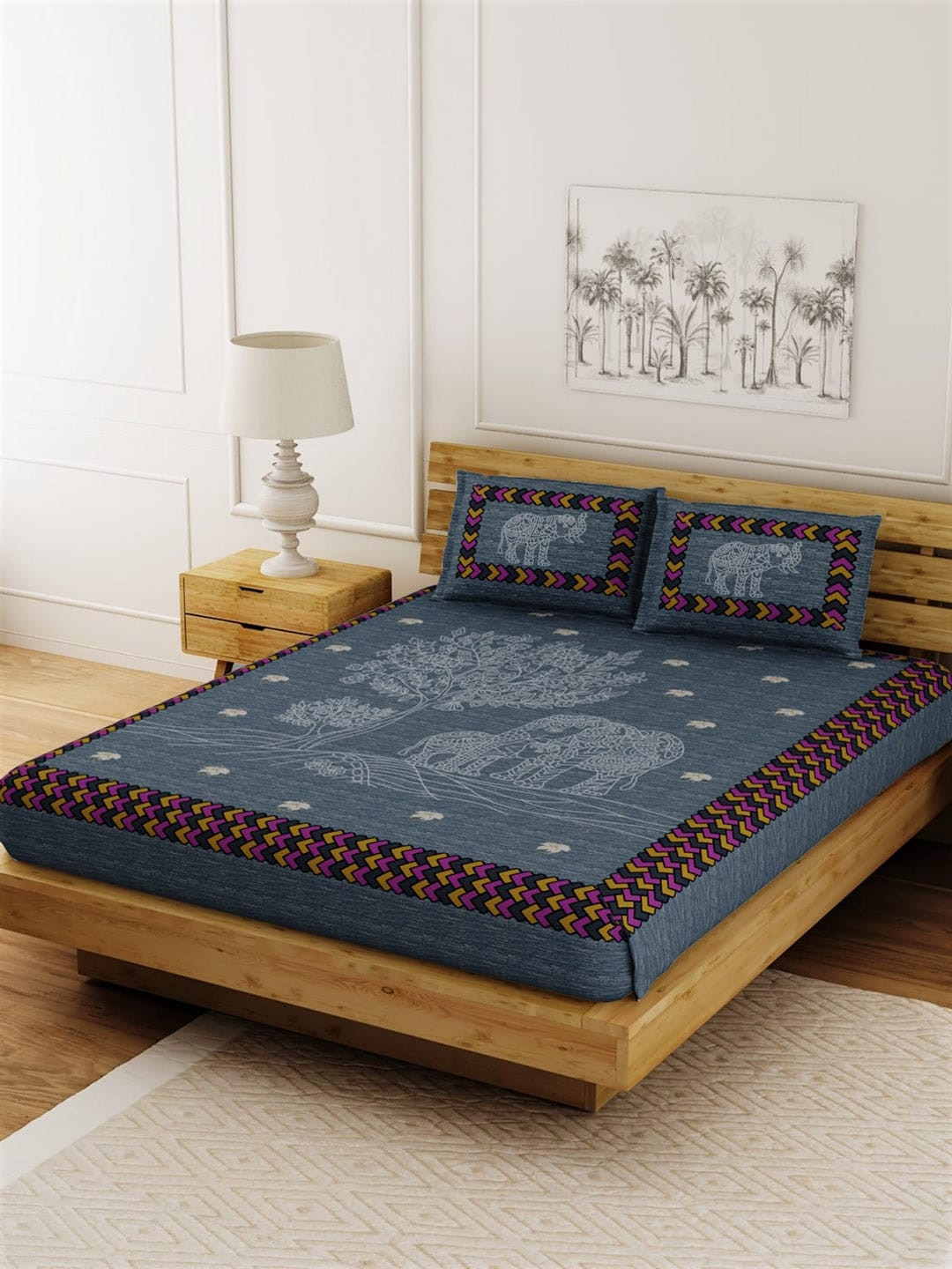 

LIVING ROOTS Grey & White Jaipuri Ethnic 144 TC Cotton 1 King Bedsheet & 2 Pillow Covers