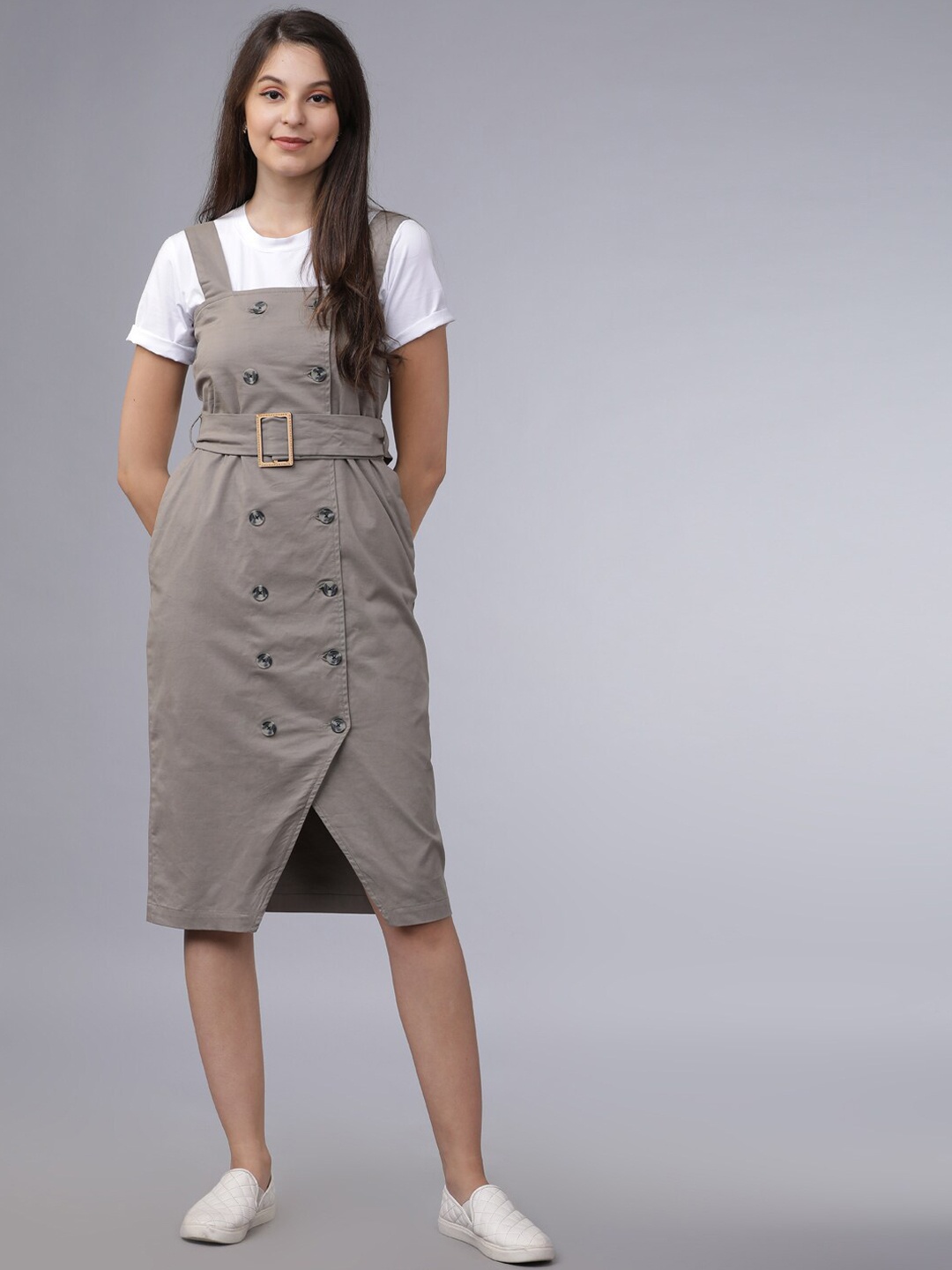 

Tokyo Talkies Women Grey Solid Pinafore Dress