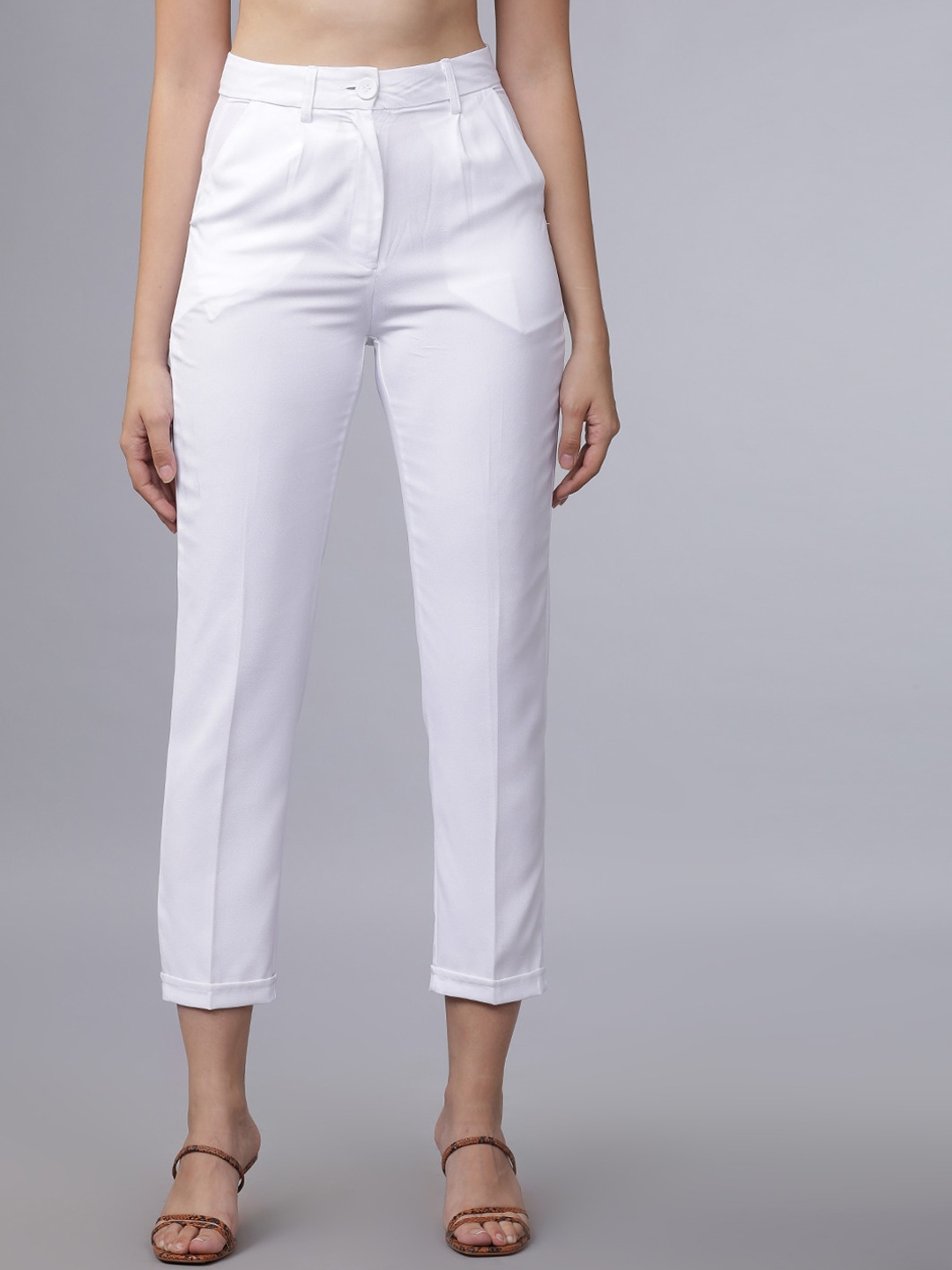 

Tokyo Talkies Women White Regular Fit Solid Cigarette Trousers