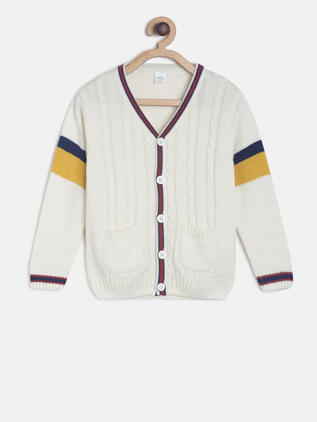 

MINI KLUB Boys Off-White & Mustard Yellow Colourblocked Cable Knit Cardigan Acrylic Sweater