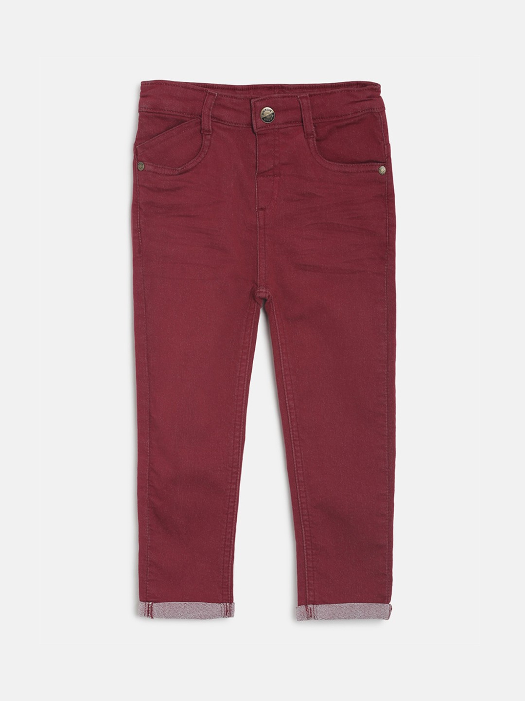 

MINI KLUB Boys Maroon & Black Regular Fit Mid-Rise Clean Look Jeans