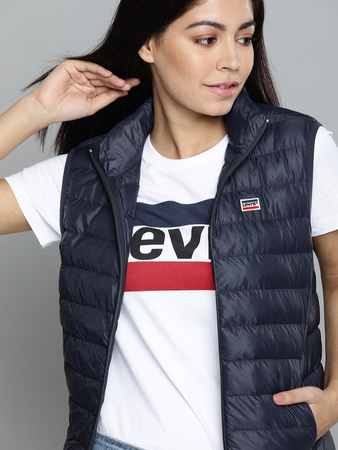 

Levis Women Navy Blue Solid Packable Sleeveless Puffer Jacket