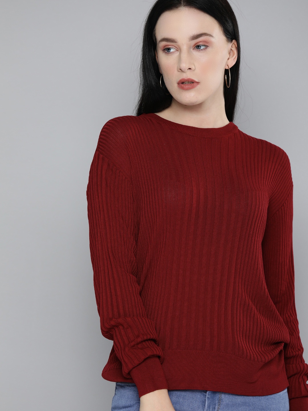 

Levis Maroon Self Striped Drop-Shoulder Sleeves Regular Top