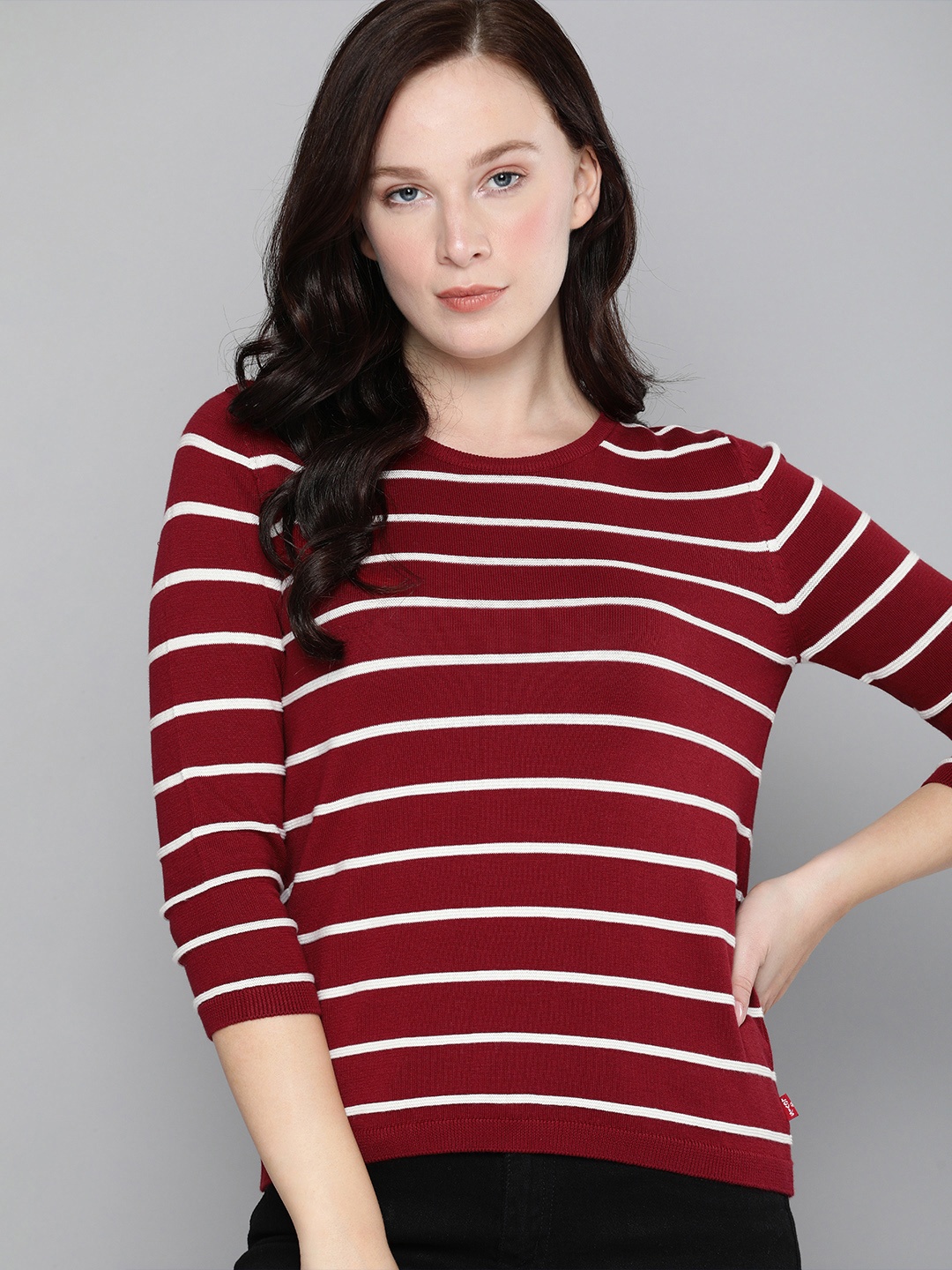 

Levis Women Maroon & White Striped Pullover Sweater