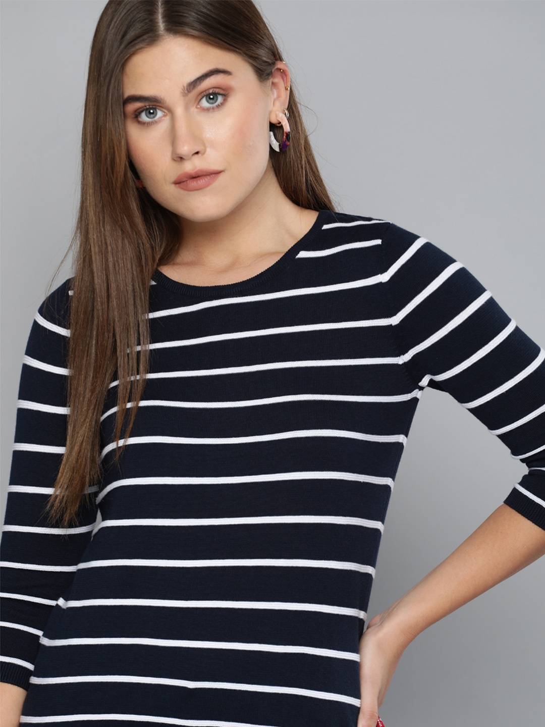 

Levis Women Navy Blue White Striped Round Neck Pure Cotton T-shirt