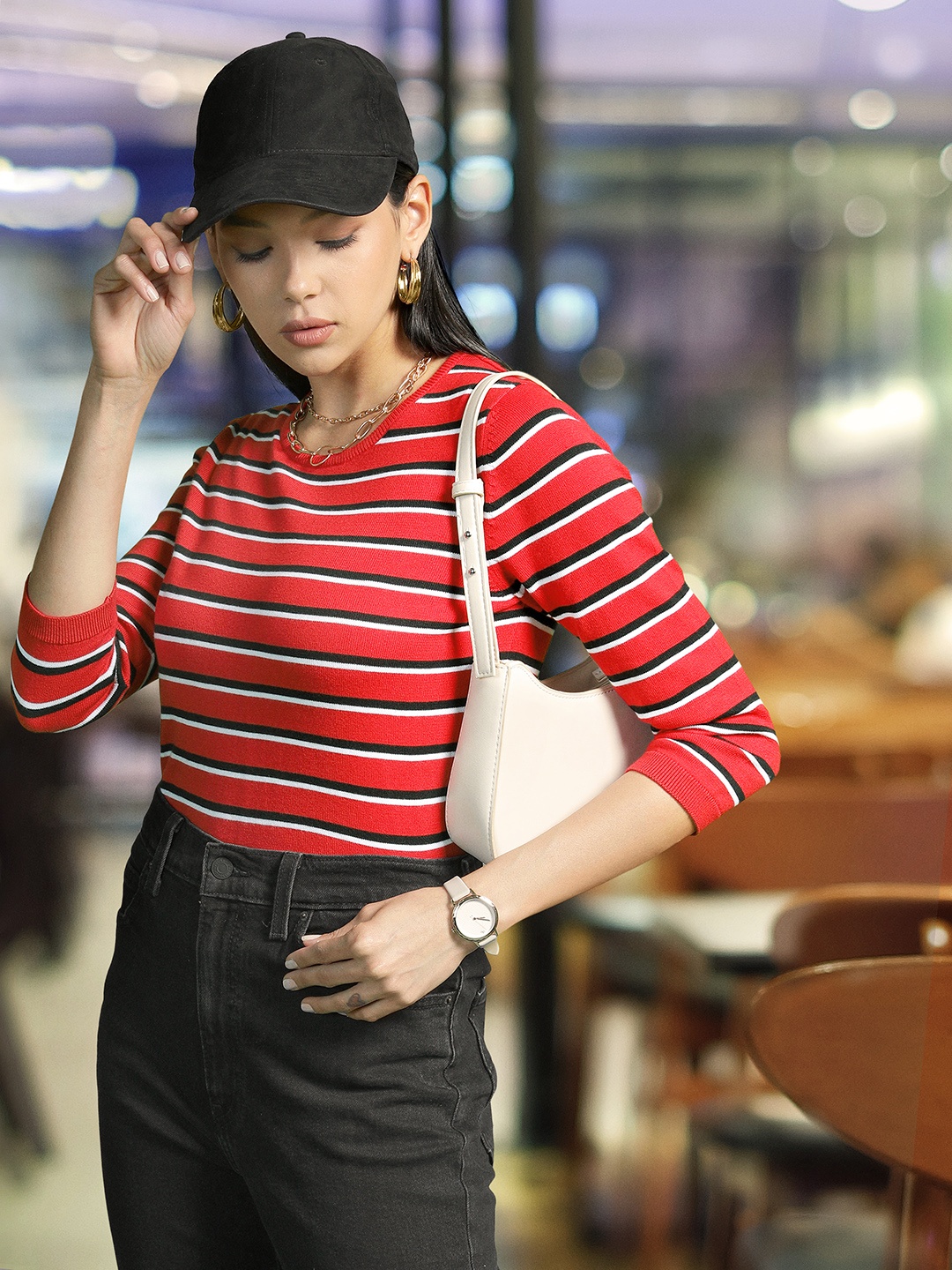 

Levis Women Red & Black Striped T-shirt