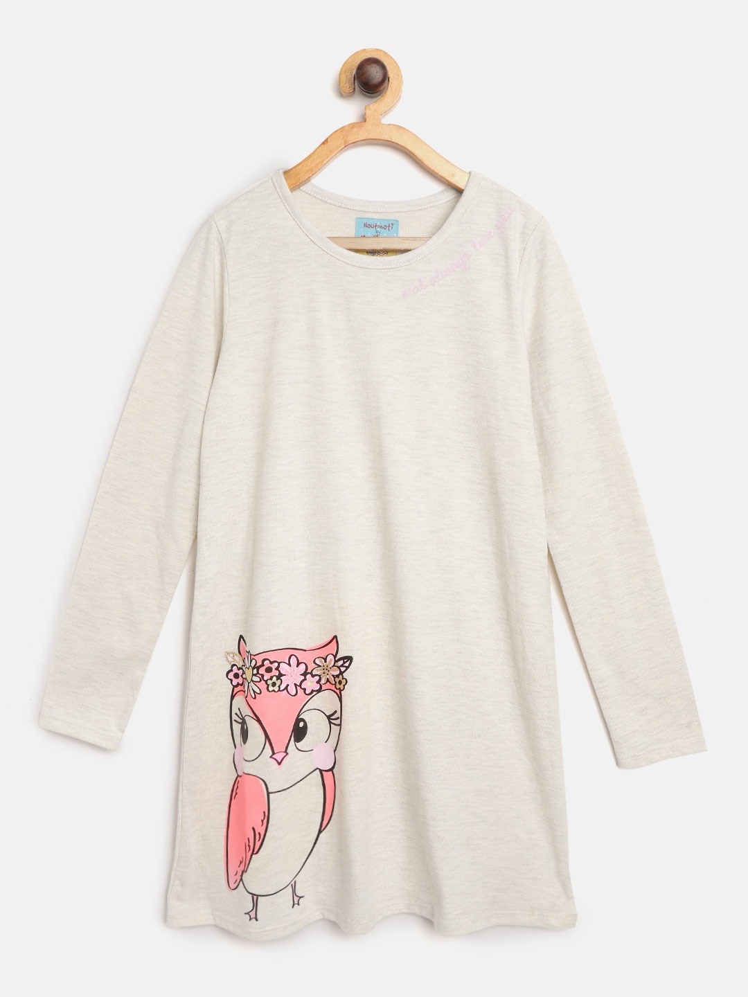 

Nauti Nati Girls Grey Melange Owl Printed T-shirt Dress