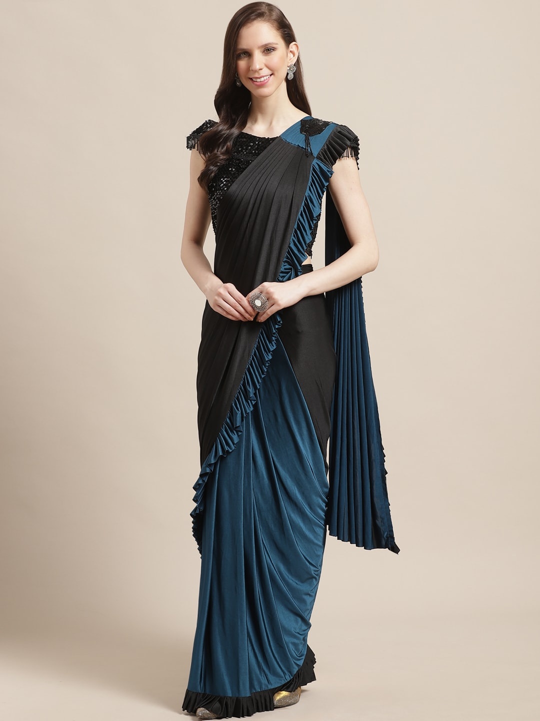 

Chhabra 555 Black & Blue Colourblocked Ruffled Ready to Wear Saree with Stitched Blouse