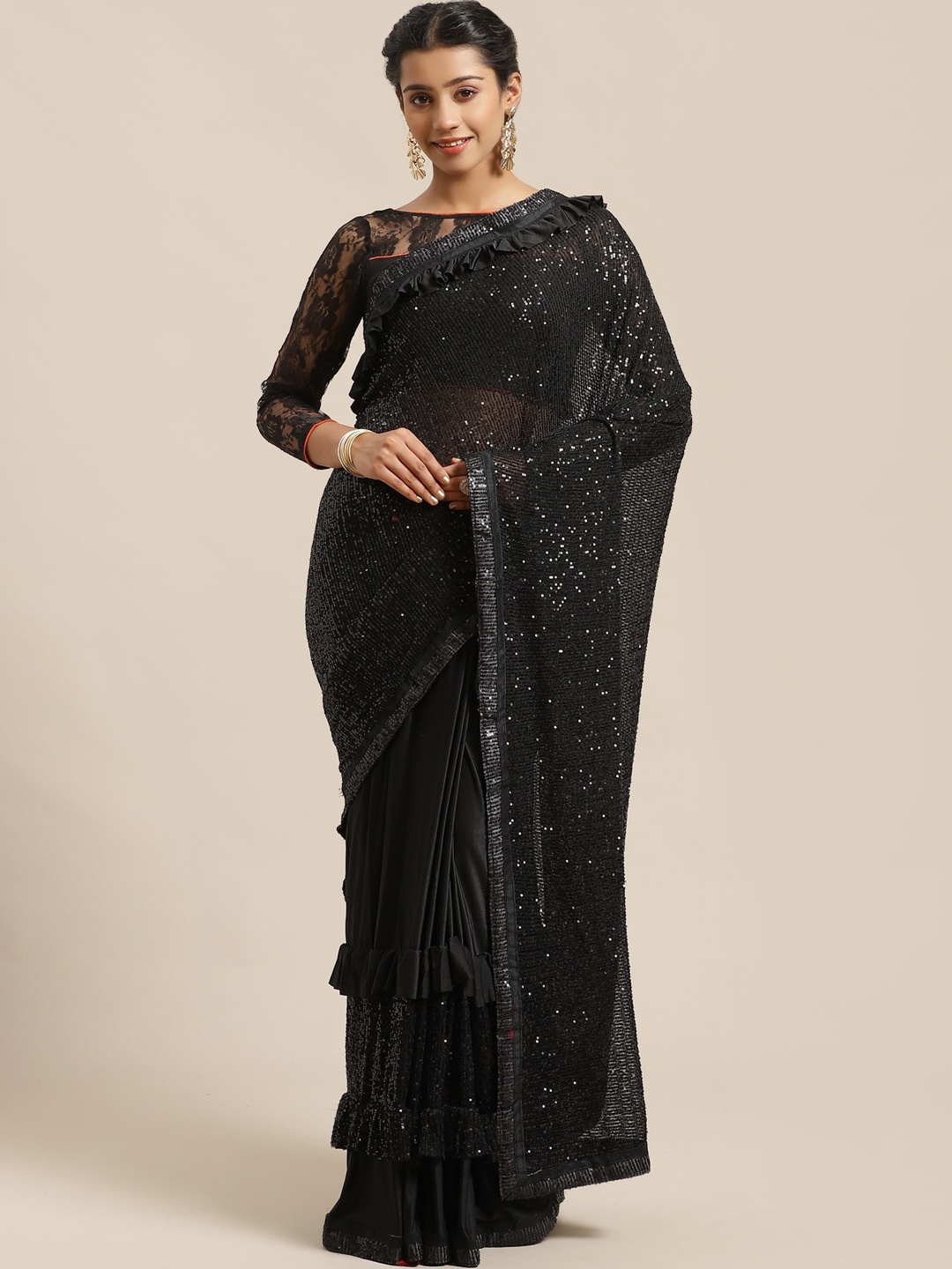 

Chhabra 555 Black Embellished Satin Designer Saree