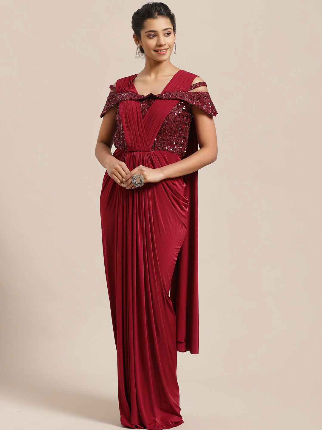 

Chhabra 555 Red Sequinned Ready-To-Wear Gown Saree