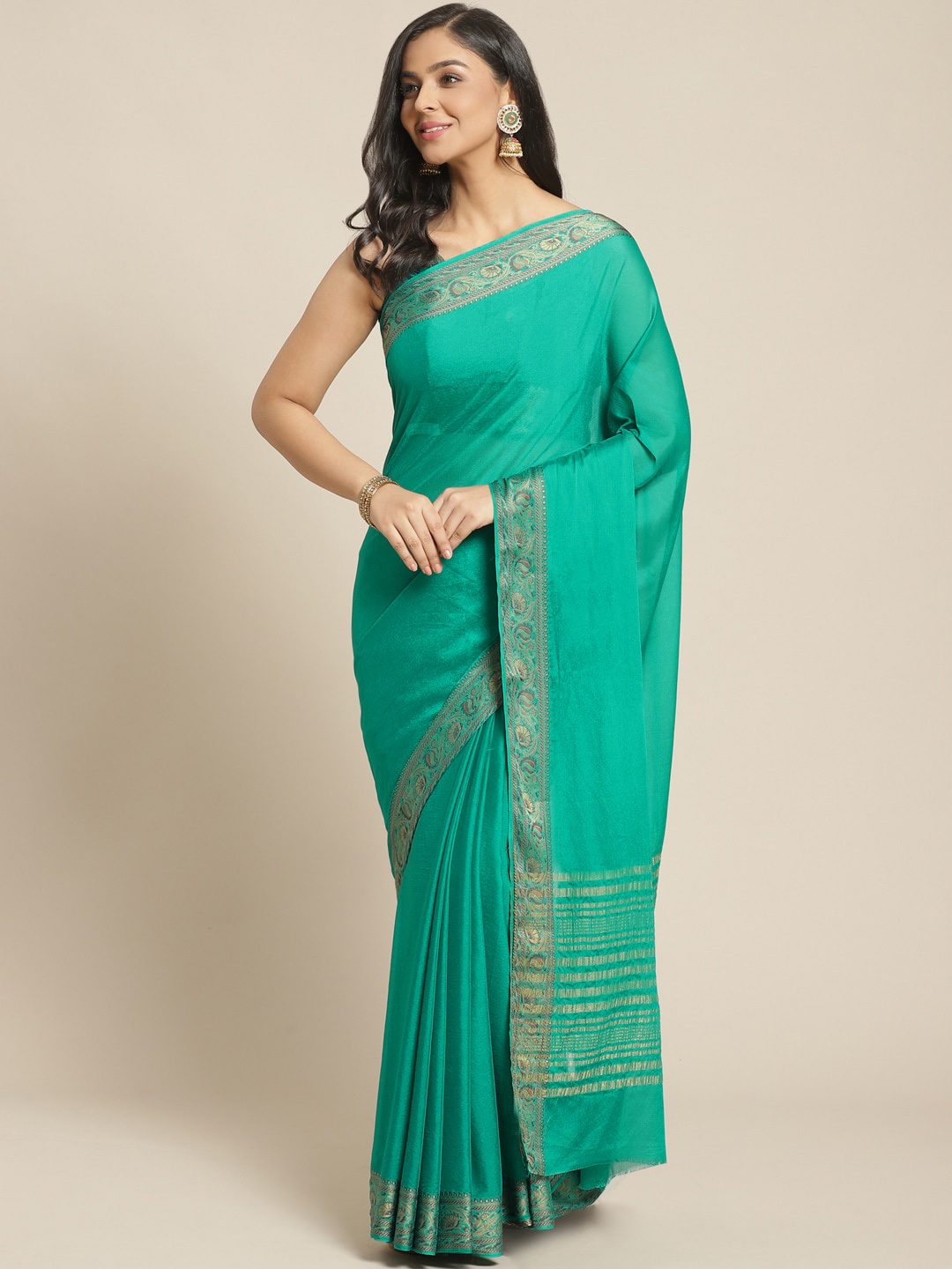 

Chhabra 555 Green Solid Paithani Saree
