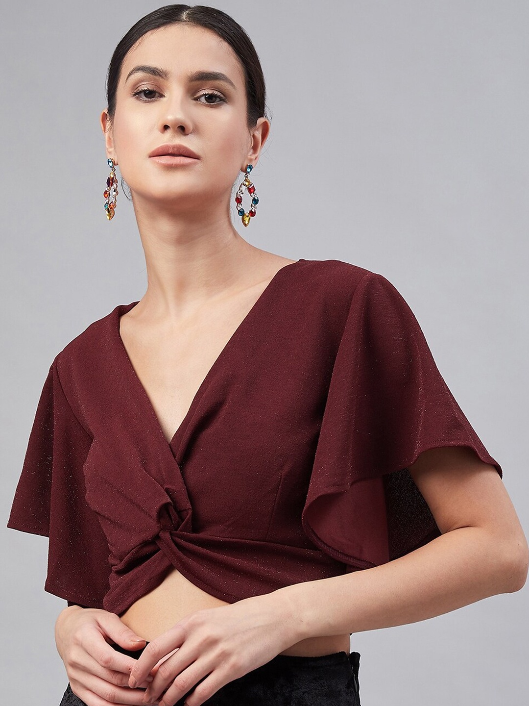 

Carlton London Women Maroon Self Design Crop Top
