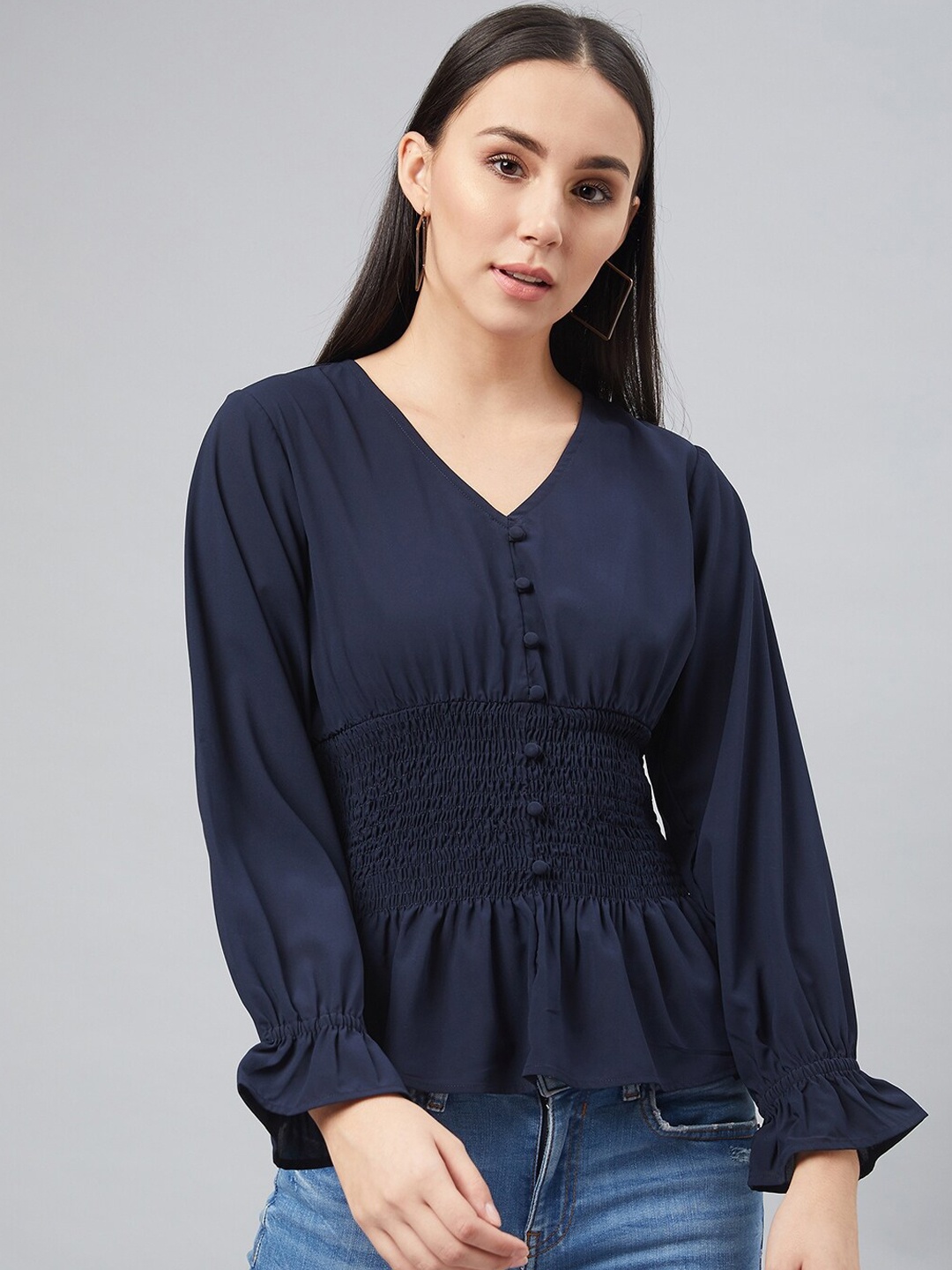 

Carlton London Women Navy Blue Solid Cinched Waist Top