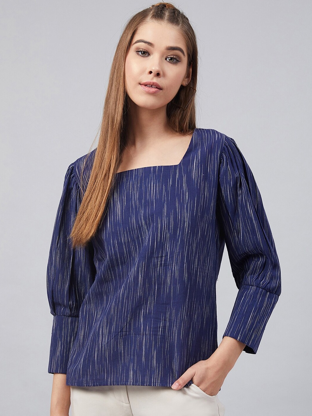 

Carlton London Women Navy Blue Self Design Pure Cotton Top