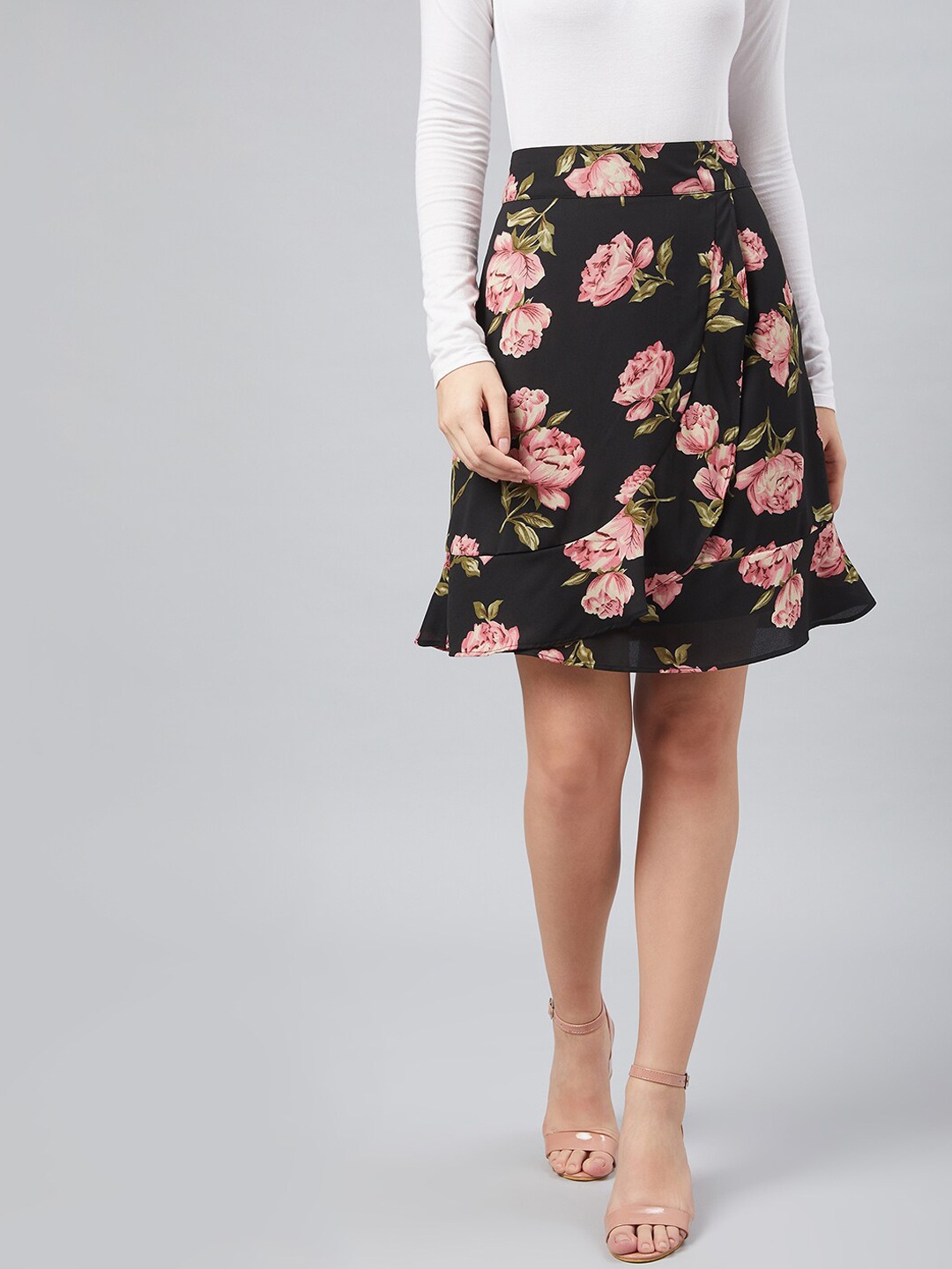 

Carlton London Black & Pink Printed A-Line Skirt