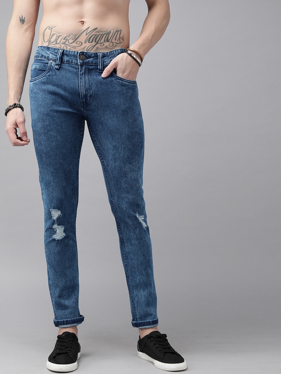 

Roadster Men Blue Skinny Fit Mid-Rise Low Distress Stretchable Jeans