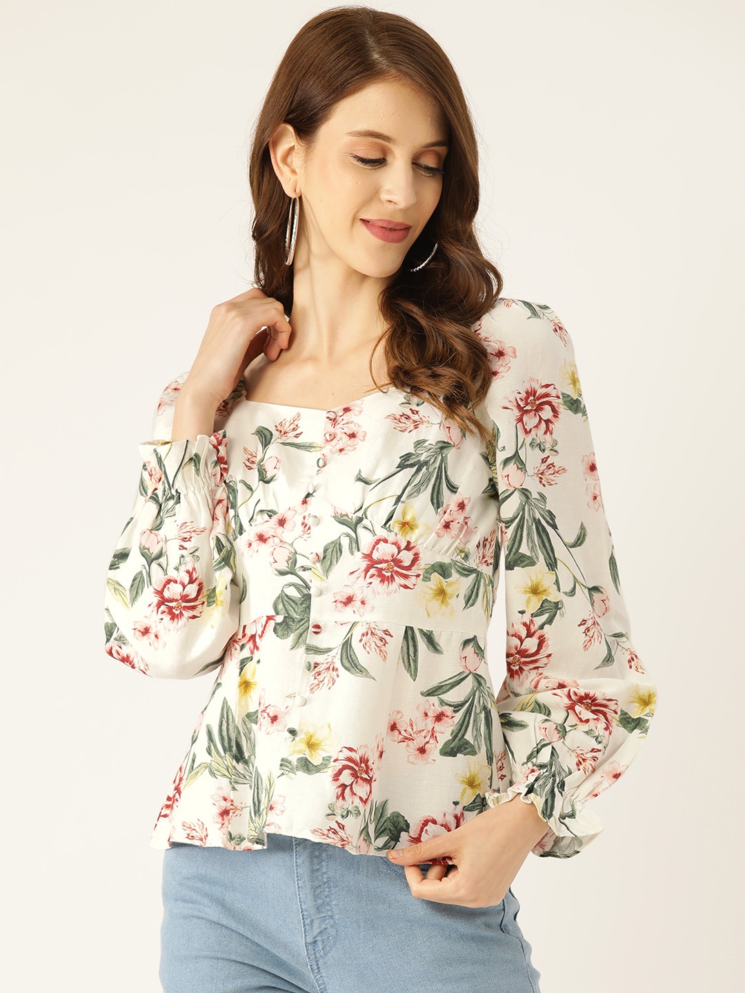 

COVER STORY Women White & Green Floral Print Peplum Top