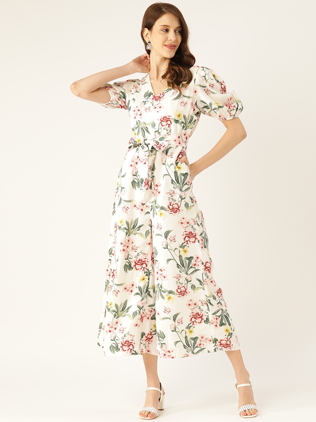 

COVER STORY Women White & Red Floral Print Linen Culotte Jumpsuit