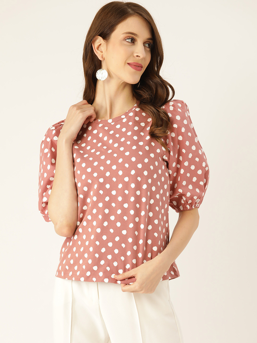 

COVER STORY Women Dusty Pink & White Polka Dot Print Top