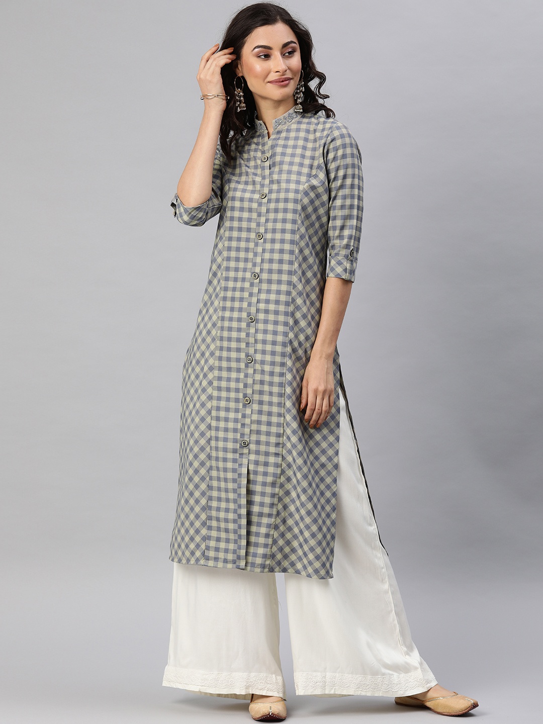 

ETIQUETTE Women Grey & Beige Checked Straight Kurta