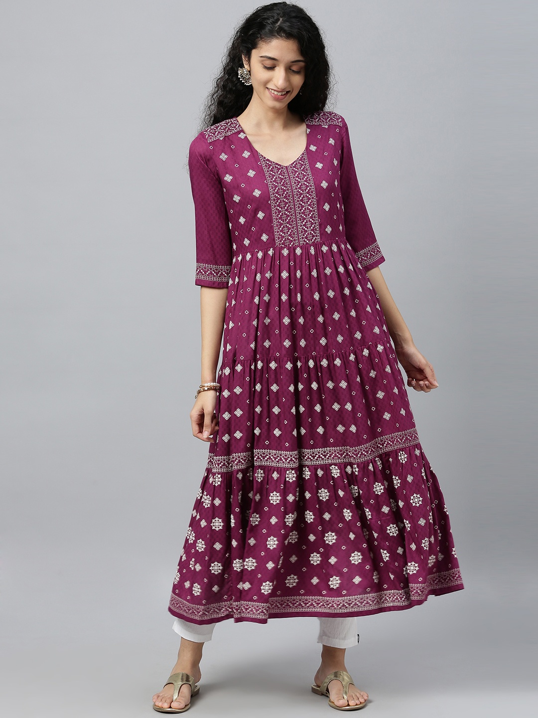 

ETIQUETTE Women Purple And White Printed A-Line Pleated Kurti