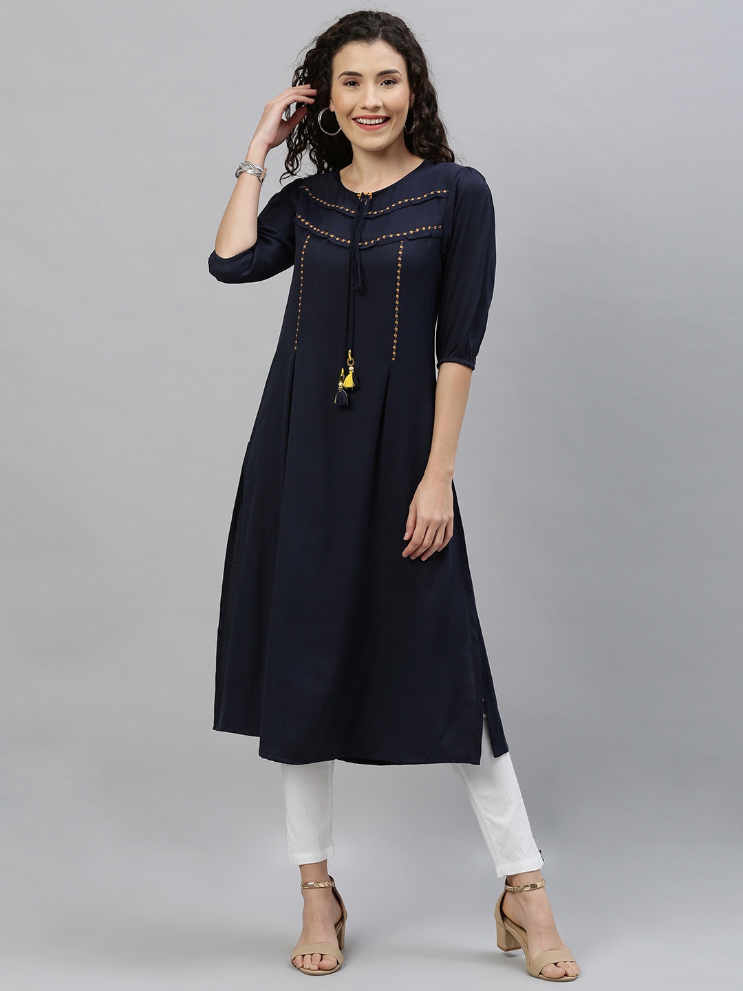 

ETIQUETTE Women Navy Blue Solid A-Line Kurta