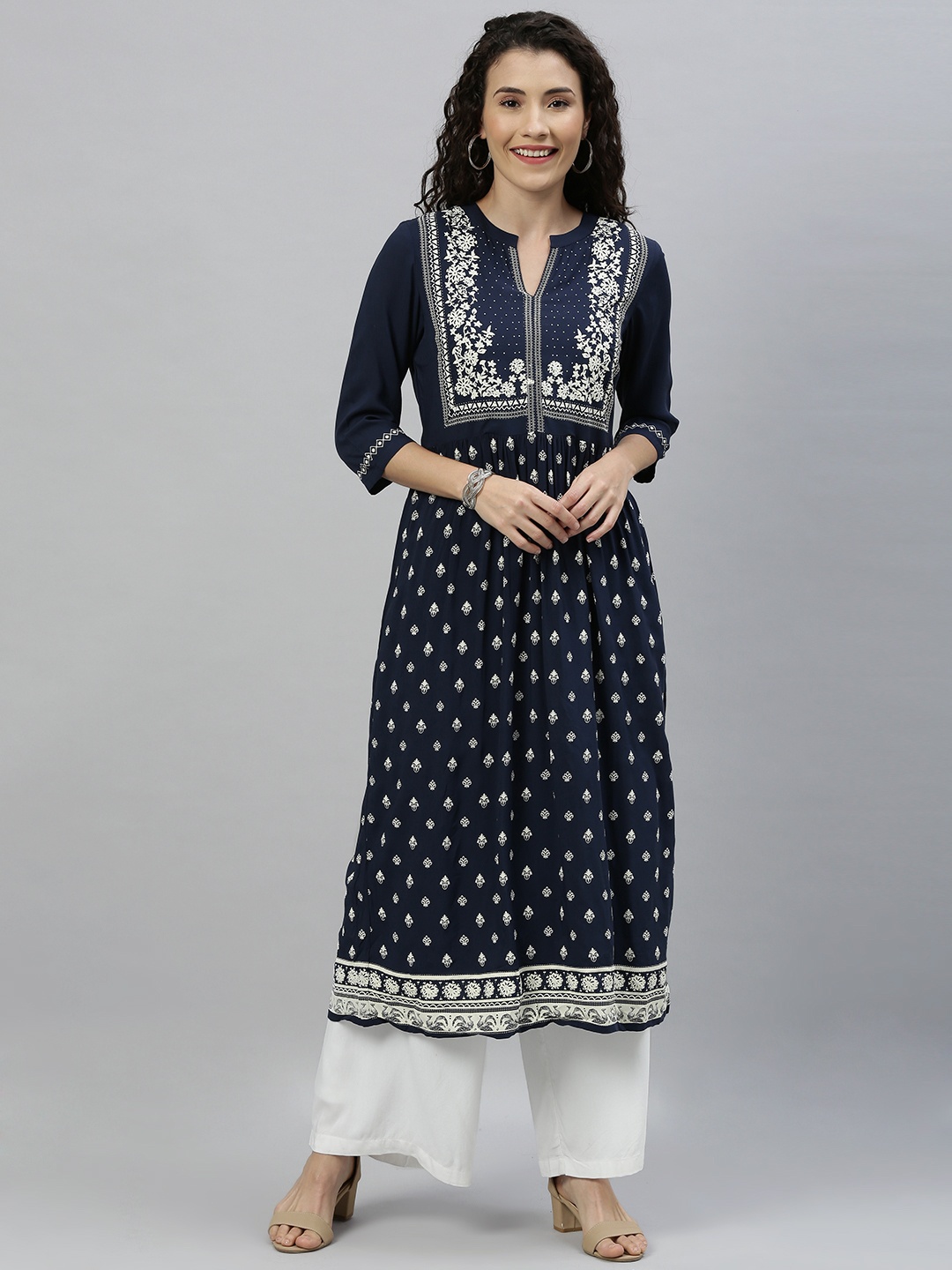 

ETIQUETTE Women Navy Blue & White Embroidered A-Line Kurta