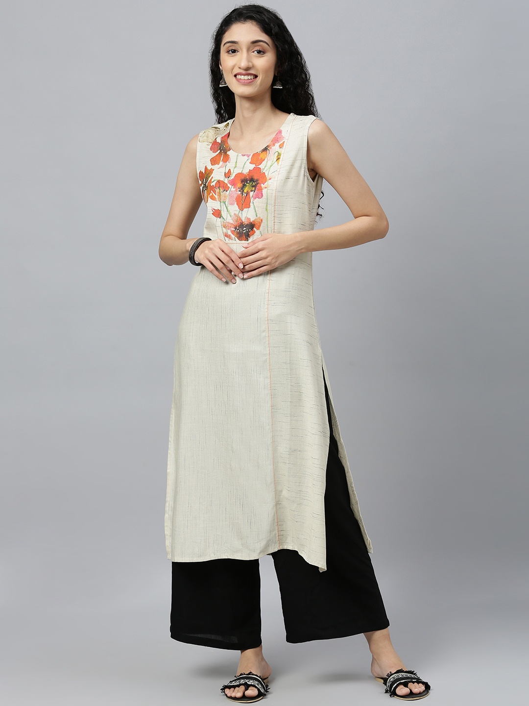 

ETIQUETTE Women Off-White & Orange Yoke Design Straight Kurta